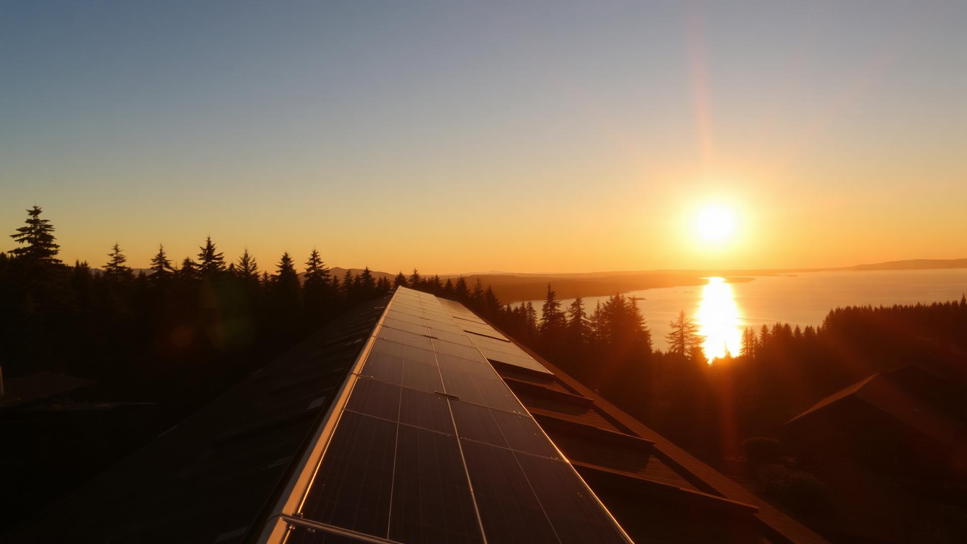 Rooftop solar panels at sunset above evergreen trees and a coastal bay